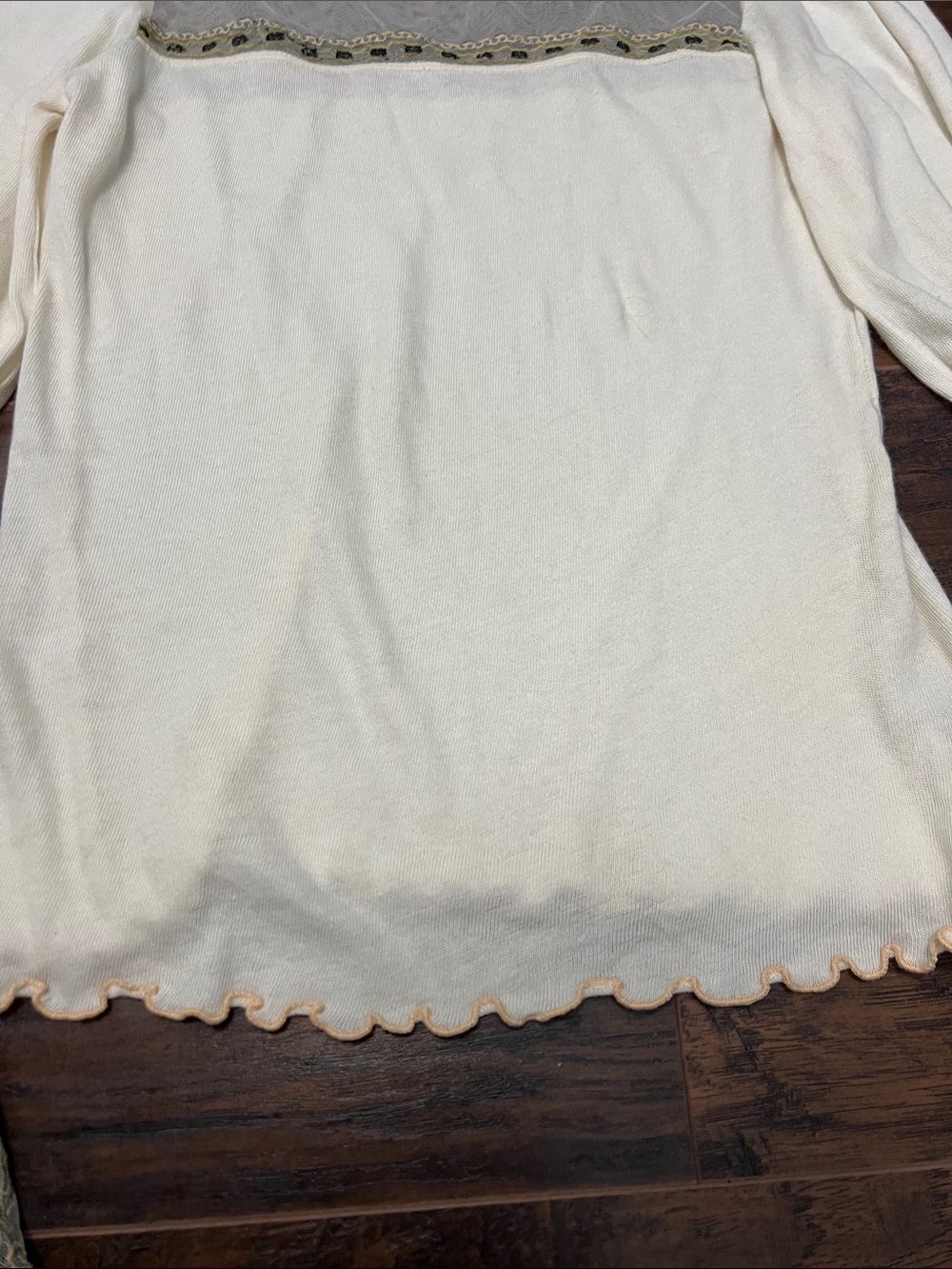 Free People Medium Ivory Boho Mesh Bell-Sleeve Top with Yellow Embroidery - Picture 6 of 9